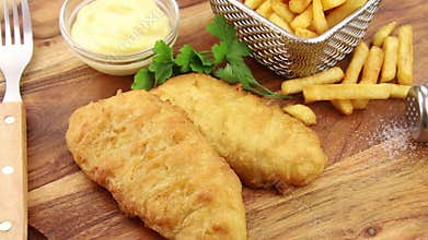 Fish and chips, sauce and salad