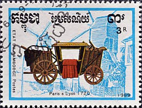 Cancelled postage stamp printed by Cambodia, that shows Coach - Paris-Lyon 1720