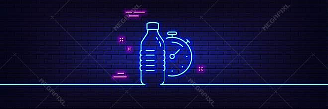 Fitness water line icon. Training drink time sign. Neon light glow effect. Vector