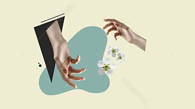 Female hands with flowers. Contemporary art collage, modern design. Aesthetic of hands. Trendy colors. Surreal