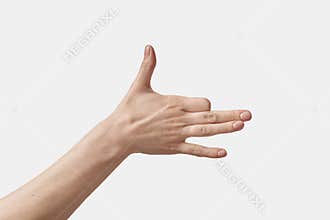 Dog symbol silhouette gesturing female hand on white.