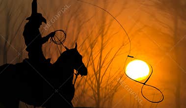 Cowboy on horse Lasso Roping Sun