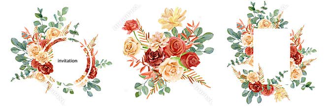 Watercolor floral bouquet, red and peach flowers roses and peonies, eucalyptus leaves. Autumn floral design for wedding invitation
