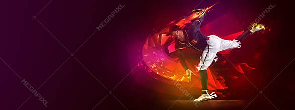Artwork, poster or flyer. One professional baseball player in motion and action with bat isolated on dark background