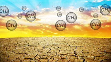 Parched landscape and bubbles with CH4 text at sunset. Global warming or change climate concept.