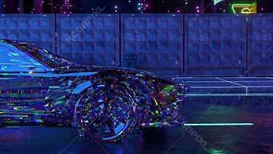 The concept of future technologies. The blue sports car turns into a diamond one. Night city. neon light. 3d animation