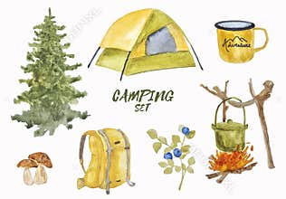 Watercolor hand drawn summer camping set in the forest.