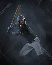 Creative portrait of professional baseball player in sports equipment getting ready to hit isolated on smoked background