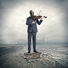 Businessman with gas mask, plays the violin
