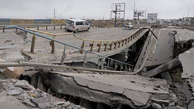 Cars bridge destruction Ukraine war Russia Ukraine damage infrastructure bridge collapse infrastructure broken bridge