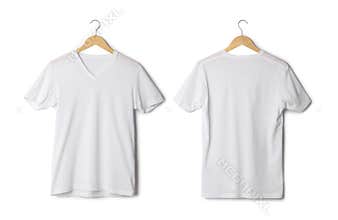 White T shirt mockup hanging isolated on white background with clipping path.