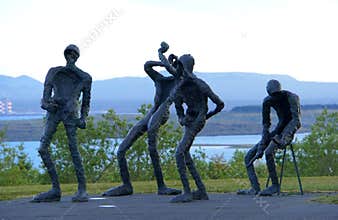 Reykjavik, Iceland - June 21, 2019 - The sculptures of dancing musicians outside Perlan, the planetarium and exhibition center
