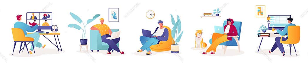 Set of vector illustrations with male characters working at home, remotely or in coworking space, office. 