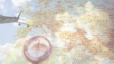 Animation of plane flying over compass and map of europe
