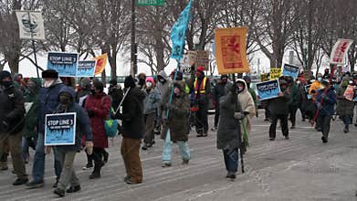 Opponents of the Enbridge Energy Line 3 oil pipeline replacement project protest its construction across northern Minnesota