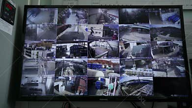 Screen shows video from cameras at gas oil refinery plant