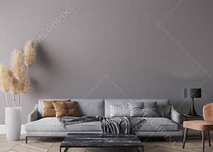 Modern living room interior, gray sofa on dark empty wall mockup