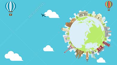 Travel, vacation, sightseeing animation banner 4K . World heritage and world famous buildings. no text version