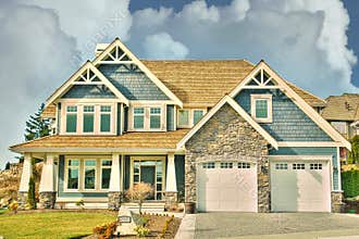 Upscale Suburban Home House Maison Front Exterior Cumulus Sky Background