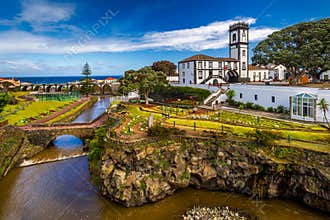 Panoramic cityscape view to Municipality and central square Of Ribeira Grande, Sao Miguel, Azores, Portugal. Central square of
