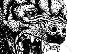Close up graphical illustration of hyena's portrait roaring, illustration for coloring , tattoo and typography