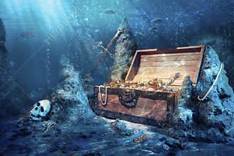 Open treasure chest with bright gold underwater