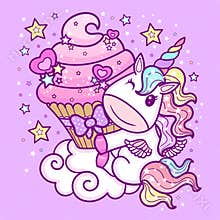 Cute cartoon unicorn with a cupcake on a cloud. Fantasy animal. Children's illustration. Vector.