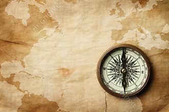 Vintage compass on old map with copy space
