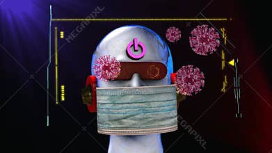 Futuristic rendering of android with mask scanning covid virus