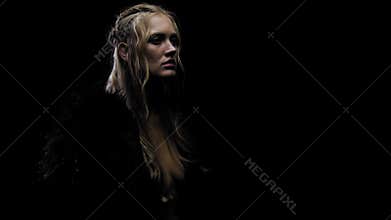 Blonde medieval princess in a black fur coat is taking a deep breath, 4k