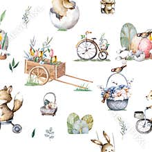 Seamless pattern, Easter animals, chicks and bunnies. Cute watercolor farm animals. Kid cartoon clipart
