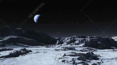 Flight over the surface of the moon. Earth over the Moon`s horizon