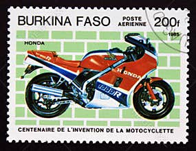 Postage stamp Burkina Faso, 1985, Honda motorcycle