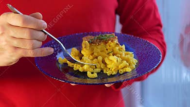 Mac and cheese, baked macaroni pasta cheesy creamy milk butter sauce american style with breadcrumbs crust. Easy comfort food home
