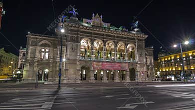 Beautiful view of Wiener Staatsoper night timelapse hyperlapsecin Vienna, Austria