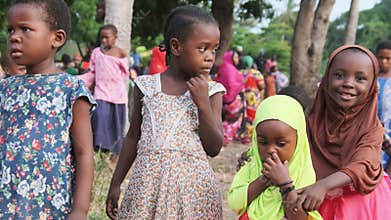 Local African Children Curious Looking into Camera in Village, Zanzibar, Africa