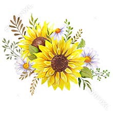 Watercolor wildflowers bouquet, hand painted sunflower bouquets, sunfower flower arrangement. Wedding invitation clipart elements.