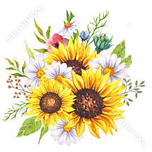 Watercolor wildlowers bouquet, hand painted sunflower bouquets, sunfower flower arrangement. Wedding invitation clipart elements.