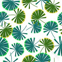 Isolated seamless pattern with hand drawn palm licuala silhouettes shapes in green and blue colors