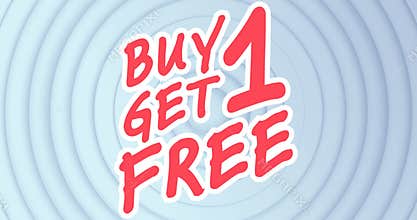 Animation of buy 1 get 1 free text on white pulsating circles in background