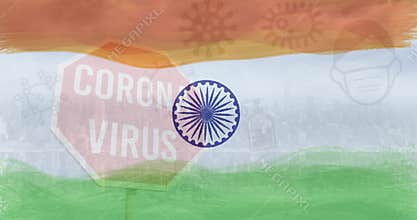 Composition of covid 19 icons and coronavirus stop sign over indian flag