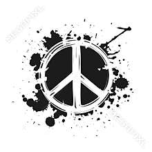 Sketchy peace label with ink or paint drops and blots. Pacifist, happy, peace symbol drawn by paint brush.