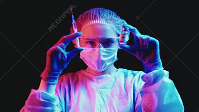 coronavirus vaccine happy nurse with vial syringe