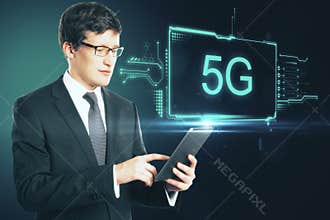 Augment reality concept with businessman with digital tablet and virtual 5g inscription on background