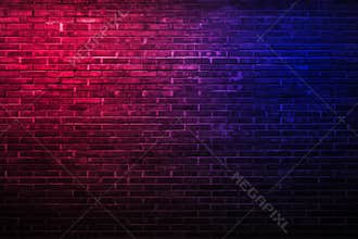 Black brick wall background rough concrete with neon lights and glowing lights. Lighting effect pink and blue on empty brick wall
