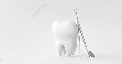 Dental equipment and white tooth on dentist clinic background with dentistry cleaning tools. 3D rendering.