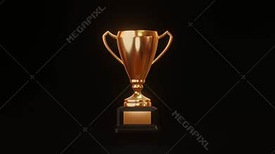 Gold trophy cup of first place and success award for winner champion on black background with achievement goal. 3D rendering.