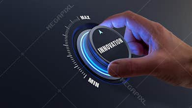Enhancing innovation and technology development concept with a person choosing higher innovative products by turning a knob or