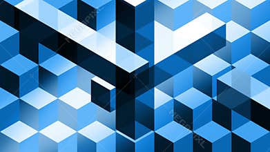 Abstract animation for background, with black, blue and white cubes and bars. Looping seamless. Isometric perspective, hypnotic.