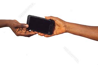 Man hand giving woman cellphone